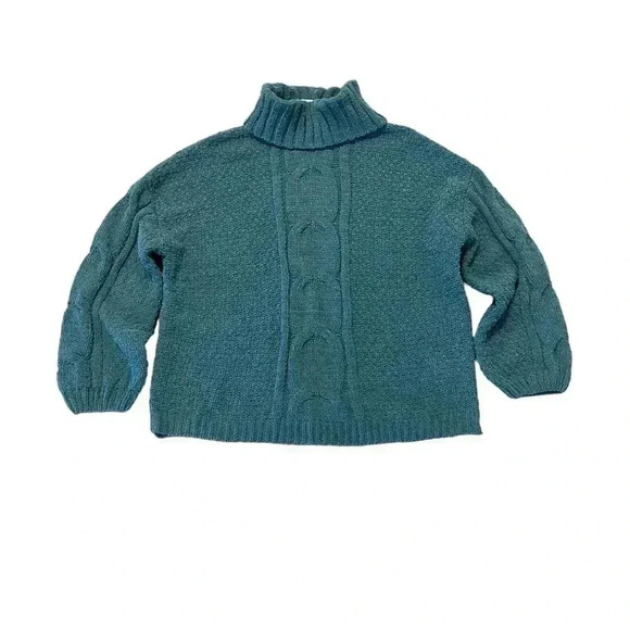 Seven7 Sweater Womens Size L Deep Teal Chenille Cable Knit Turtle Cowl Neck - Picture 1 of 8